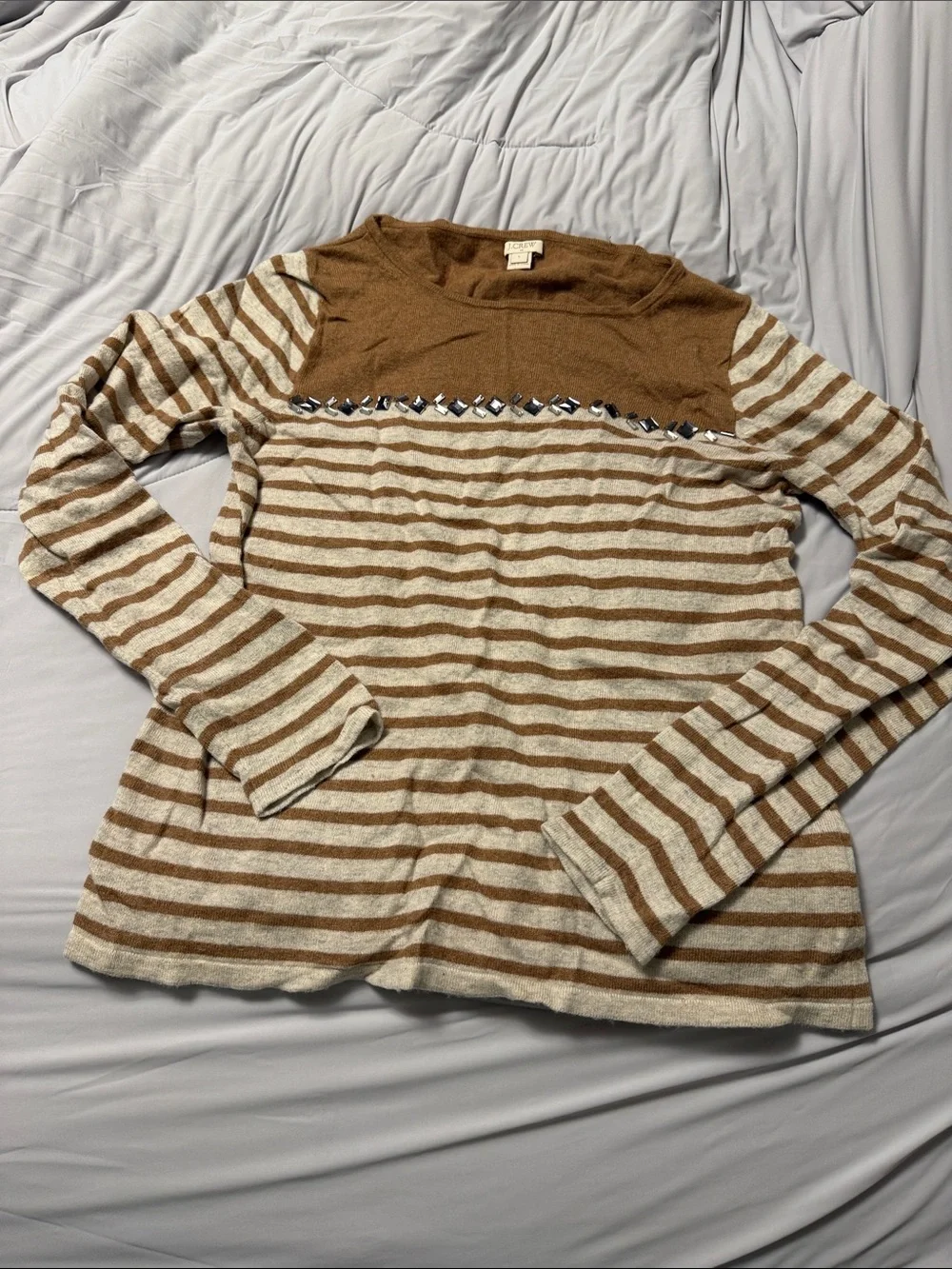 J. Crew Brown and Cream Striped Crewneck Sweater with Embellished Yoke
